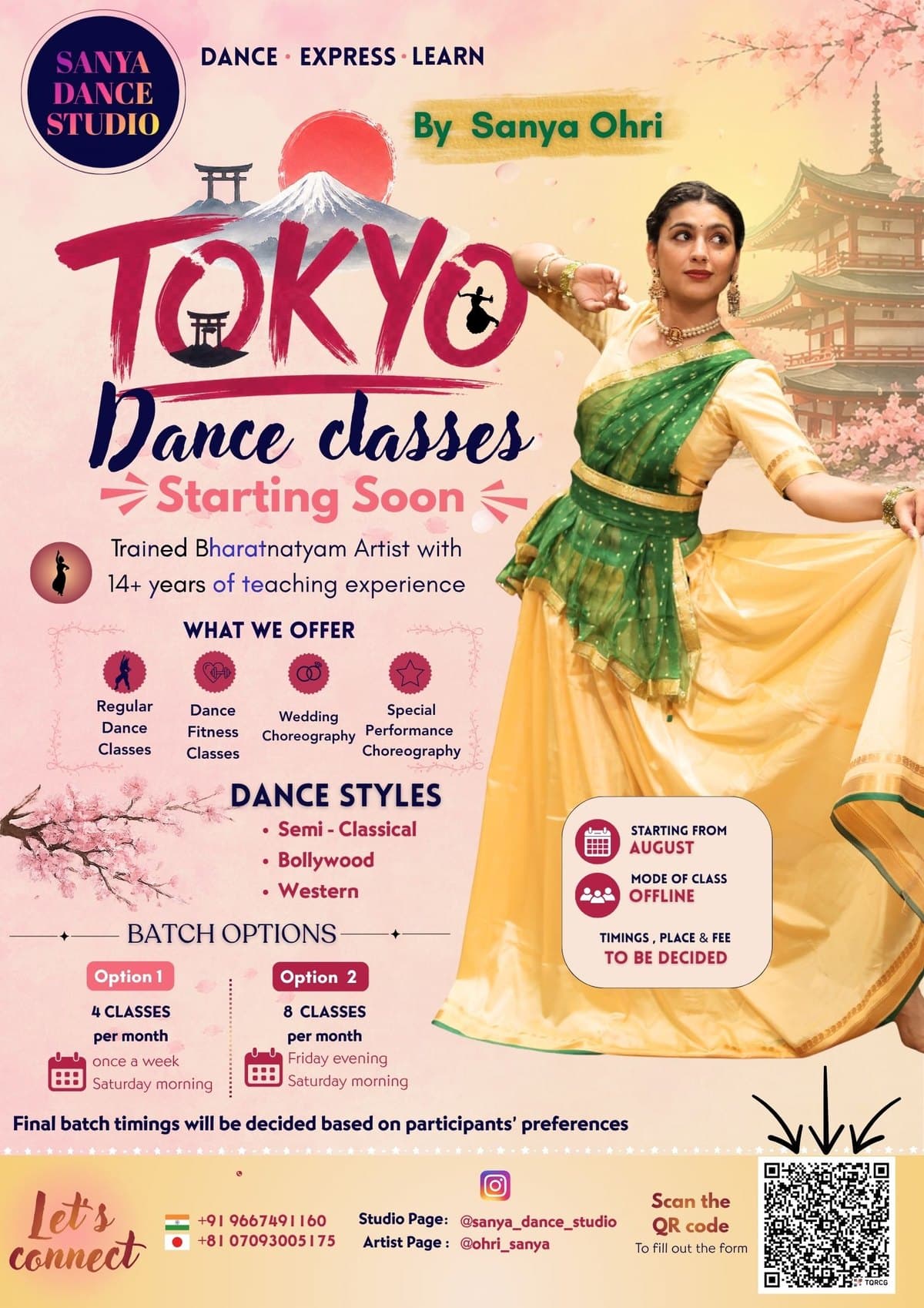 Poster: Tokyo dance classes with Sanya Ohri, starting August